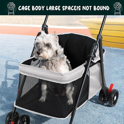 4 Wheels Pet Stroller for Medium Small Dog up to 50lbs, Dog Cat Stroller, Outdoor Travel Pet Folding Strollers, Cat Cage Strollers with Cup Holder, Breathable and Visible Mesh (1 Set-Grey)
