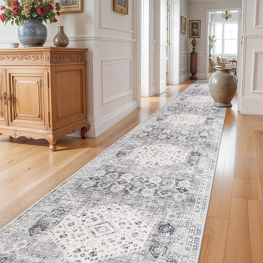 Washable 3x16 Runner Rug for Hallway - Vintage Long Kitchen Carpets with Non Slip Backing Indoor Ultra Soft Stain Resistant Rugs for Living Room Bedroom Home Decor Floor Mat for Bathroom 3x16 Grey