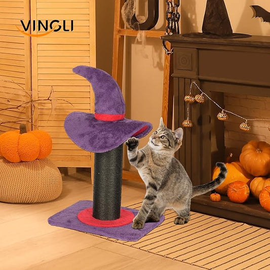 VINGLI 23.7in Wizard Hat Cat Scratching Post with Spring Ball Toy for Indoor Cats, Halloween Cat Scratcher with Purple Wizard Hat Design, Sisal Wrapped Cat Scratcher