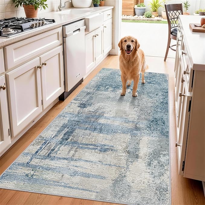 Abstract Runner Rugs 3x6 Washable Rug Non-Slip Hallway Carpet - Modern Neutral Kitchen Runners for Entryway, Bedroom, Laundry Room - Soft Low Pile Floor Mat 3x6 Blue