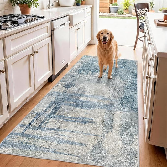 Abstract Runner Rugs 3x6 Washable Rug Non-Slip Hallway Carpet - Modern Neutral Kitchen Runners for Entryway, Bedroom, Laundry Room - Soft Low Pile Floor Mat 3x6 Blue