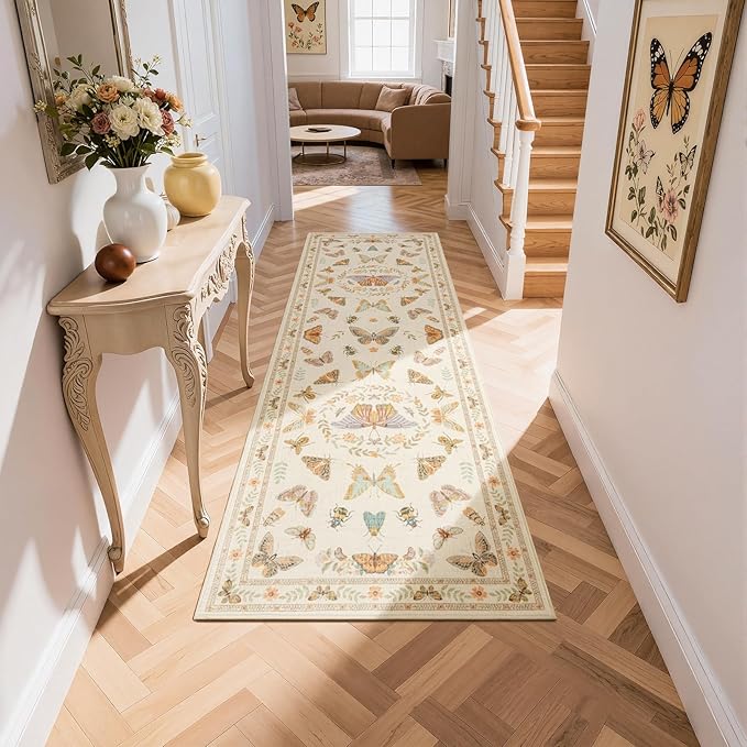 Unirea 2x6 Cream Runner Rug, Washable Non Slip Insect Botanical Rug for Hallway, Kitchen, Bathroom, Laundry Room, Entryway, Bedroom, Soft Boho Door Mat Indoor Entrance Bug Rugs, Low Pile Carpet