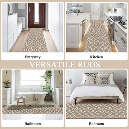 U'Artlines Long Runner Rug for Hallway 2×8feet Non Slip Kitchen Floor Carpet Runners Beige Geometric Pattern Machine Washable Area Rug for Entryway Bathroom