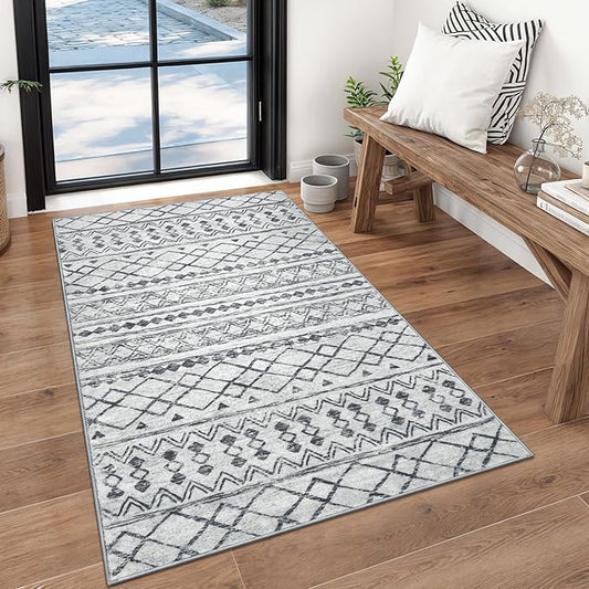 KUTA 3x5 Entryway Rug, Grey Non-Slip Washable Low-Pile Boho Moroccan Living Room Area Rug, Ultra Soft Distressed Geometric Print Throw Carpet for Entrance, Bedroom, Nursery, Dorm, Kitchen