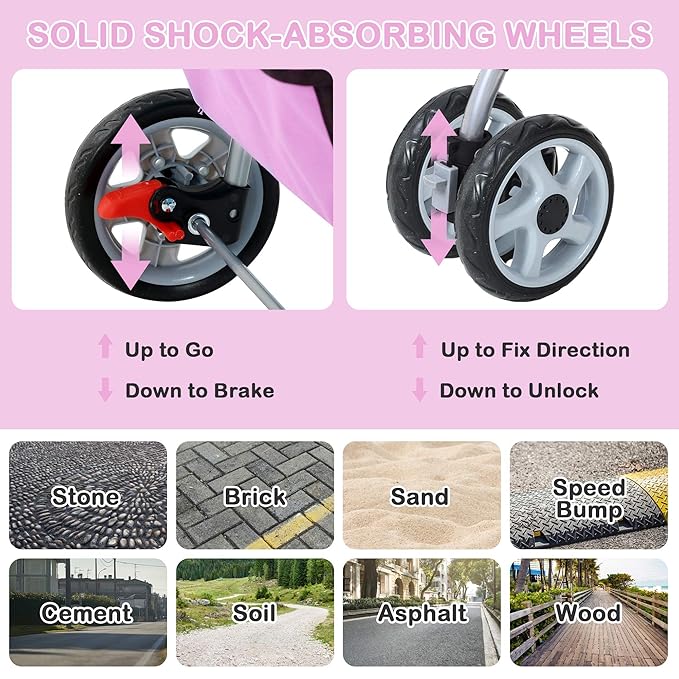 4 Wheels Dog Stroller, Foldable Pet Stroller for Small Medium Dogs, Portable Breathable Cat Stroller Dog Strollers with Storage Basket, Cup Holders, Removable Liner for Travel & Outdoor Use, Pink