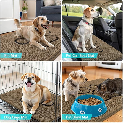 OLANLY Dog Door Mat for Muddy Paws 59x35, Paw Print Design, Absorbs Moisture and Dirt, Absorbent Non-Slip Washable Doormat, Quick Dry Chenille Mud Mat for Dogs, Entry Indoor Entryway Carpet, Tan