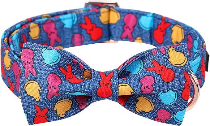 Maca Bates Easter Day Rabbit Dog Collar with Fancy Bow Tie for Extra Small Girl Boy Dogs, Blue Bunny Chick Pattern,Adjustable Durable Soft Breakaway Collars for Male Female Puppy