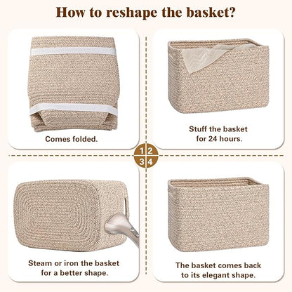 Storage Baskets for Organizing, 4 Pack Baskets for Shelves, Decorative Storage Bins for Shelves, Cotton Rope Storage Basket with Handles, Woven Basket for Storage, 13''Lx8.7''Wx7.9''H, Brown