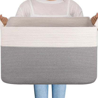 OIAHOMY Extra Large Blanket Basket, 95L Woven Storage Basket, Cotton Rope Toy Bin for Baby Room, Container for Storage in Living Room, 24''×17''×14'', Grey & White