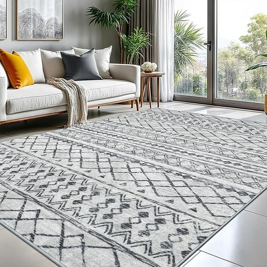 KUTA Moroccan 8x10 Rugs for Living Room Grey, Washable Boho Area Rug Non-Slip, Ultra Soft Geometric Tribal Traditional Farmhouse Carpet for Dining Room Bedroom Dorm Office Home Decor