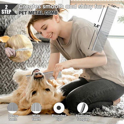 Dog Slicker Brush for Dogs Grooming Kit 4PCS | Large Dog Brush for Goldendoodles Poodles Doodles | Long Pin Haired Brush | Poodle Brushes and Comb (Blue)