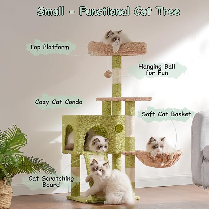Gitelsnour Cat Tree, 41.3" Cat Tower for Indoor Kittens with Scratching Board and Posts, Multi-Level Cozy Cat Condo with 2 Perches, Hammock, Balls, Green and Yellow GCT005SGY