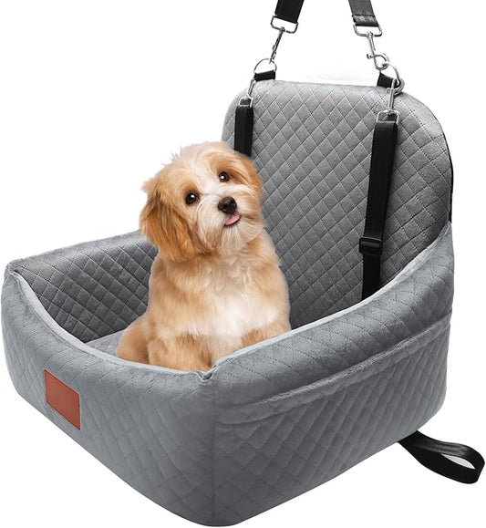 Small Dog Car Seat for Small Dogs Under 30 lbs, Memory Foam Pet Car Seat with Washable Cover, Safety Belts & Side Storage Pockets, Portable Travel Bed for SUV/Sedan (Grey)