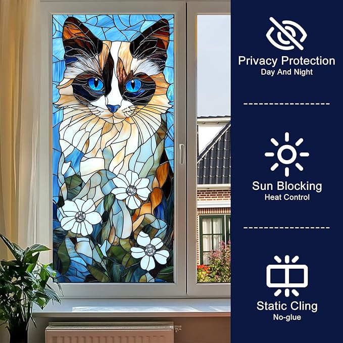 Privacy Window Film Cat Design Decorative Window Cling Stained Glass Style Static Cling Glass Sticker for Cabinet Bathroom Kitchen Door Panel 17.7 x 39.3 Inch
