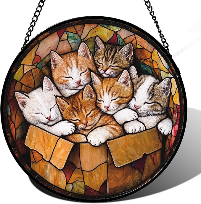 Stained Glass Window Hanging 6 Cute Kittens 9.8" - Cat Gift Suncatcher Door Sun Catcher Decor Birthday Christmas for Lost Pets Mom Men Woman Friend