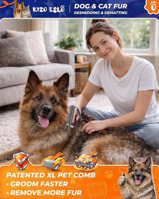 Extra Large 2-Sided Undercoat Rake for Dogs & Cats, Dog Brush for Shedding Remove Mats, Dematting Comb, Safe & Gentle Grooming Brush for German Shepherds Medium to Long-Haired Pets (Walnut Handle)
