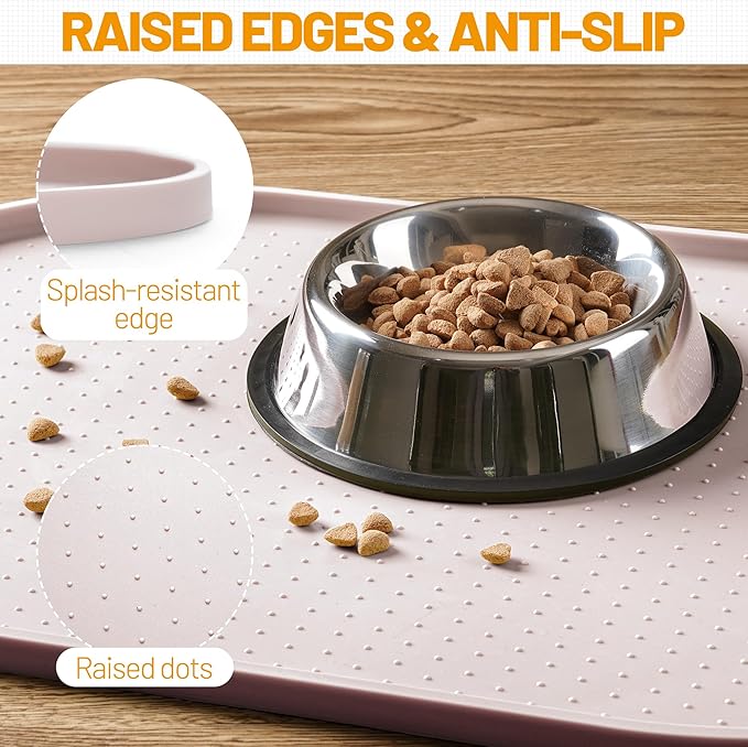Hubulk 100% Waterproof Silicone Pet Feeding Mat with Raised Edge for Food and Water, Dog Bowl Mats, Cat Bowls Placemat with High Lip Protects Floor for Cats and Dogs (White Sand, 24" L x 16" W)