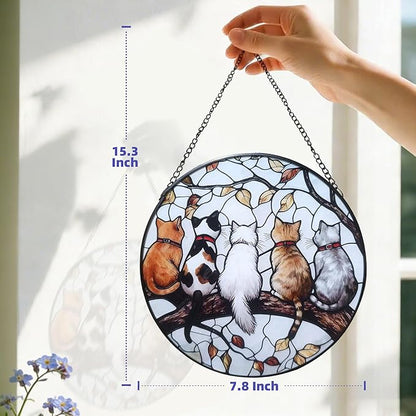 Cat Suncatcher Stained Glass Window Hanging (7.8 in) - Gifts for Cat Lovers Women Mom Grandma Friend Teacher Birthday and Housewarming Wall Art Decor for Kitchen Living Room Indoor Windows