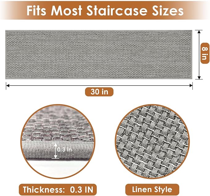 Arttown 15 Pcs 30" x 8" Linen Non-Slip Stair Tread Mats for Indoor Wooden Steps Step Mats with Reusable Adhesive Peel and Stick Carpet Stair Treads for Kids, Elderly and Pets, Grey