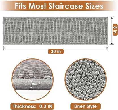 Arttown 15 Pcs 30" x 8" Linen Non-Slip Stair Tread Mats for Indoor Wooden Steps Step Mats with Reusable Adhesive Peel and Stick Carpet Stair Treads for Kids, Elderly and Pets, Grey