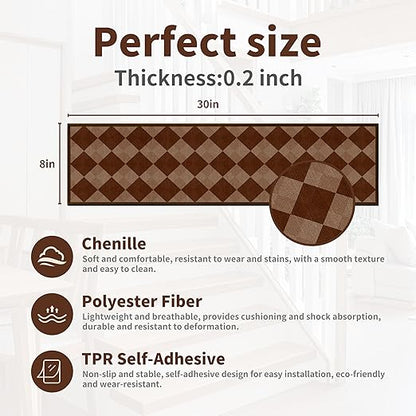 Non-Slip Carpet Stair Treads 15PCS, 8"x30" Peel and Stick Stair Runner for Wooden Steps Indoor, Washable Reusable Adhesive Backing, Pet-Friendly Safety Mats for Kids, Elders, Dogs