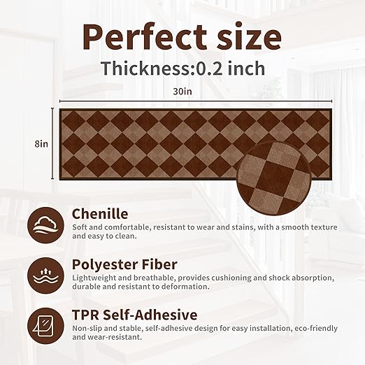 Non-Slip Carpet Stair Treads 4PCS, 8"x30" Peel and Stick Stair Runner for Wooden Steps Indoor, Washable Reusable Adhesive Backing, Pet-Friendly Safety Mats for Kids, Elders, Dogs
