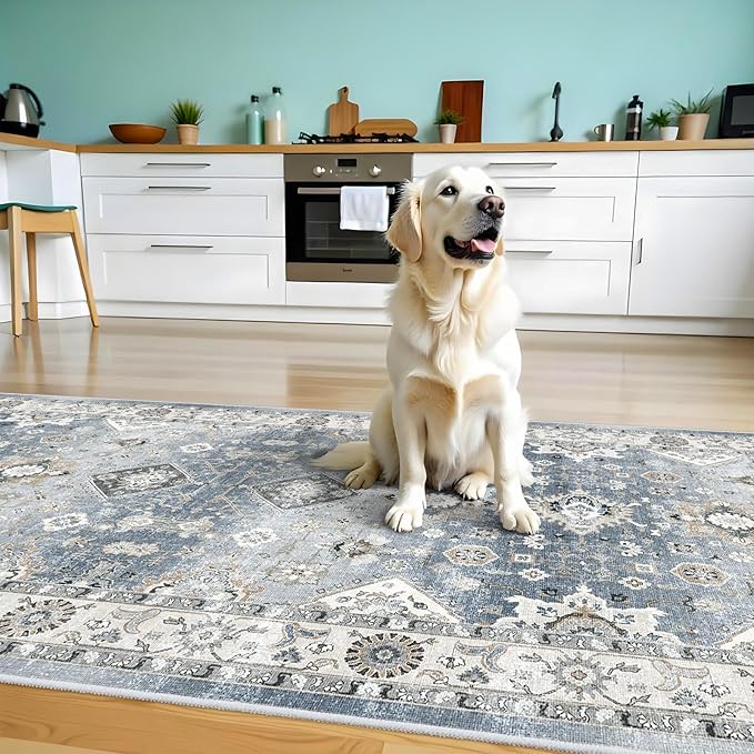 Washable 4x8 Hallway Runner Rug: Vintage 8ft Soft Runners for Entry Kitchen Wide Low Pile Carpet with Non-Slip Backing for Living Room Bedroom Thin Bathroom Carpet for Dining Room Foyer (Grey,4x8)