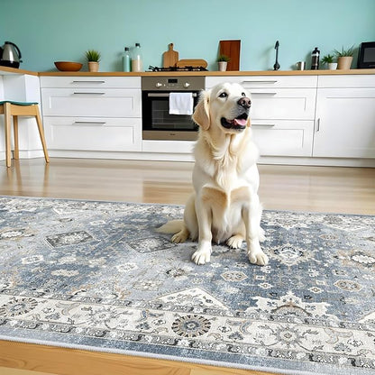 Washable 4x8 Hallway Runner Rug: Vintage 8ft Soft Runners for Entry Kitchen Wide Low Pile Carpet with Non-Slip Backing for Living Room Bedroom Thin Bathroom Carpet for Dining Room Foyer (Grey,4x8)