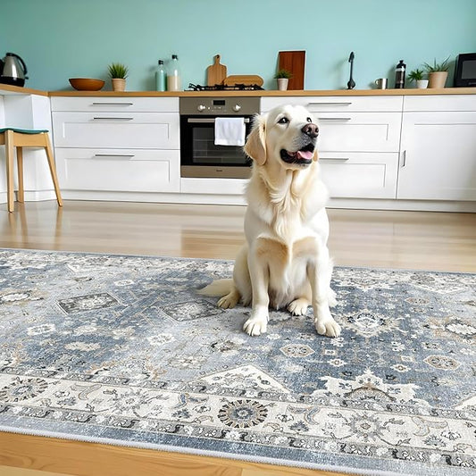 Washable 4x8 Hallway Runner Rug: Vintage 8ft Soft Runners for Entry Kitchen Wide Low Pile Carpet with Non-Slip Backing for Living Room Bedroom Thin Bathroom Carpet for Dining Room Foyer (Grey,4x8)