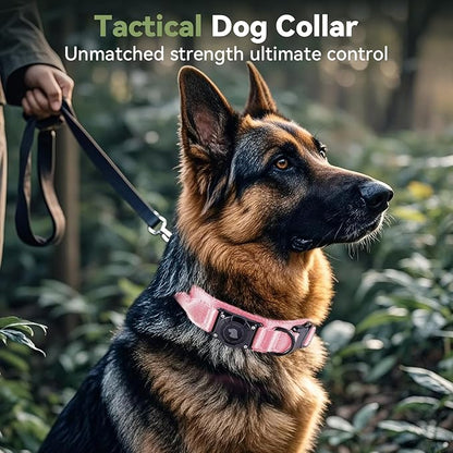2026 Upgrade Waterproof AirTag Dog Collar, Military Tactical Dog Collar with AirTag Holder, Comfortable Control Handle and Metal Buckle, GPS Dog Collar Holder for Medium to Large Dogs (Pink,L)