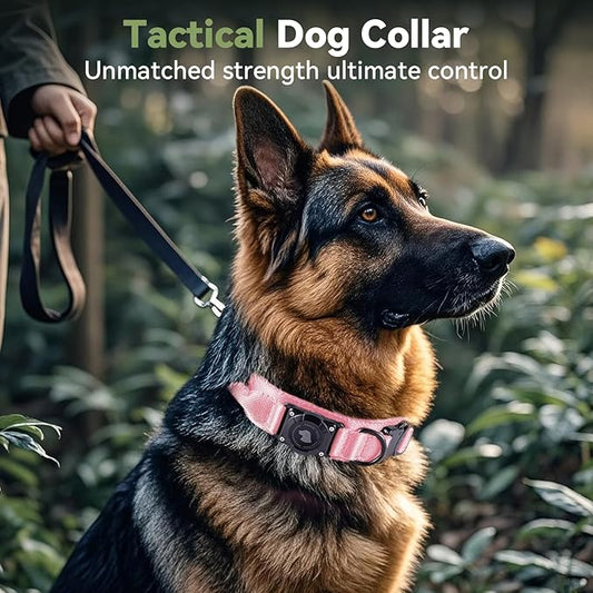 2026 Upgrade Waterproof AirTag Dog Collar, Military Tactical Dog Collar with AirTag Holder, Comfortable Control Handle and Metal Buckle, GPS Dog Collar Holder for Medium to Large Dogs (Pink,L)