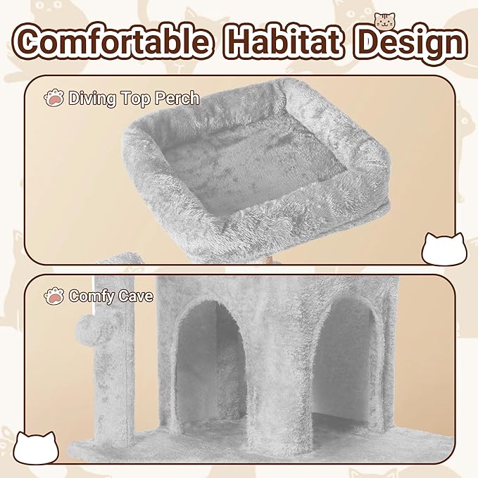 Cat Tree, 54-Inch Cat Tower for Indoor Cats, Soft Plush Multi-Level Climbing Cat Condo with Scratching Posts, Basket, Perches,2 Caves,2 Pompoms Play House for Cat (Light Grey01)