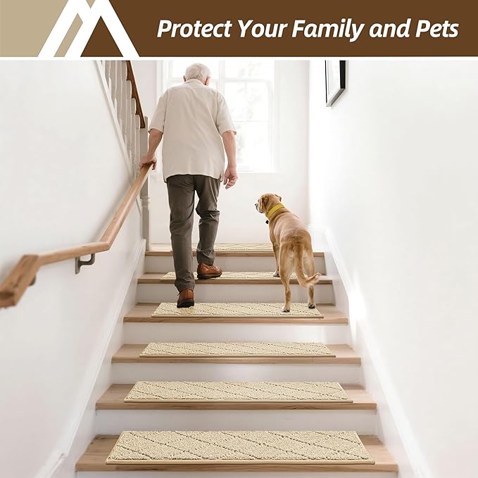 COSY HOMEER Stair Treads for Wooden Steps 9"x28",Washable Non Slip Carpet Stair Treads with Reusable Residue Free Backing Soft Peel and Stick Stair Runner Rugs for Kids Elders Pets,Warm Beige,15pcs