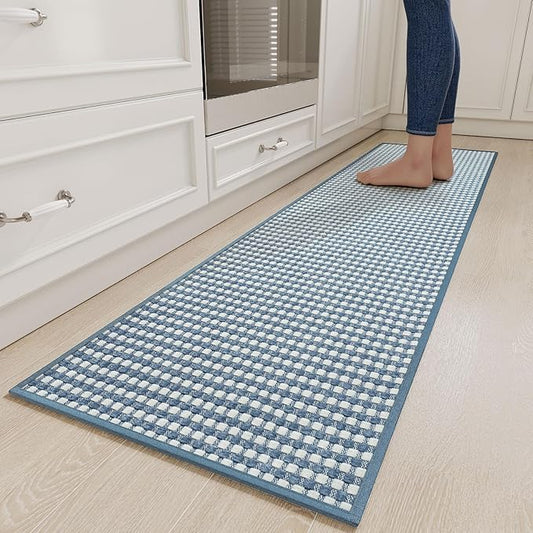 Long Kitchen Runner Rugs Kitchen Mat Non Slip Washable, Super Absorbent Soft Chenille Braided Kitchen Mats for Floor, Rubber Backing Kitchen Floor Sink Standing Mat, Easy Clean, Blue 17"x71"