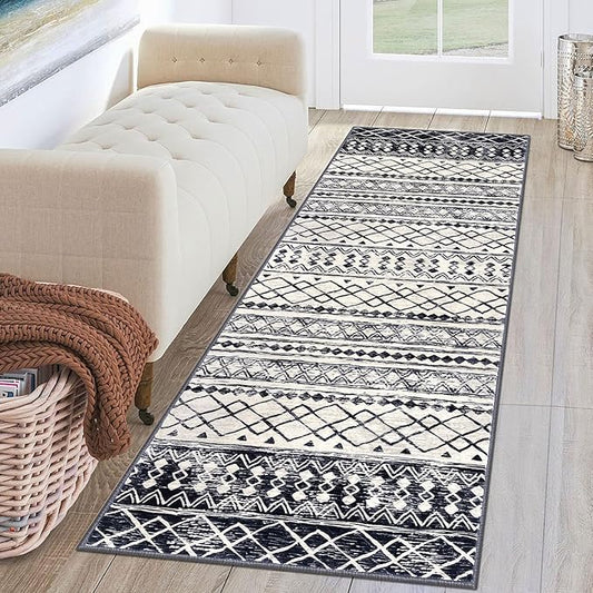 KUTA 2x6 Non-Slip Washable Runners for Hallways,Black Navy Blue Moroccan Boho Distressed Geometric Vintage Kitchen Runner, Ultra Soft Floor Mat for Entryway, Bathroom, Laundry, Living Room, Bedroom