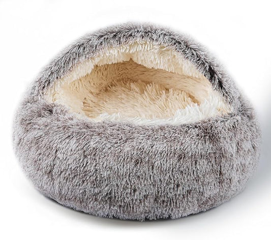 Cat Bed for Indoor Cats, Calming Cozy Cave with Self-Warming Plush, Entire Bed Machine Washable & Anti-Slip Base, Breathable Pet Bed for Small Cats&Dogs All Seasons (Khaki, 22 * 22inch)