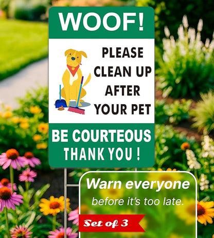 3X Double Sided 12x8 Please Clean Up After Your Pet Sign - Lawn Fun Pet Plastic Signs - Collect Dog Poo and Don't Wet Also No Dogs Poo for the Yard - Signs to Curb Your Dog with Metal H-Shaped Stakes