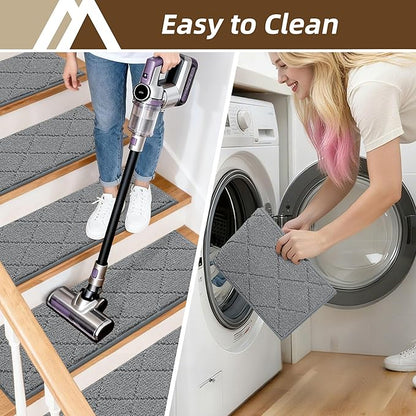 COSY HOMEER Stair Treads for Wooden Steps 9"x28" Washable Indoor Carpet Stair Treads Non Slip Soft Polyester Stair Carpet Tread Reusable Stair Runner Rugs for Kids, Elders,Pets,Medium Grey,10pcs