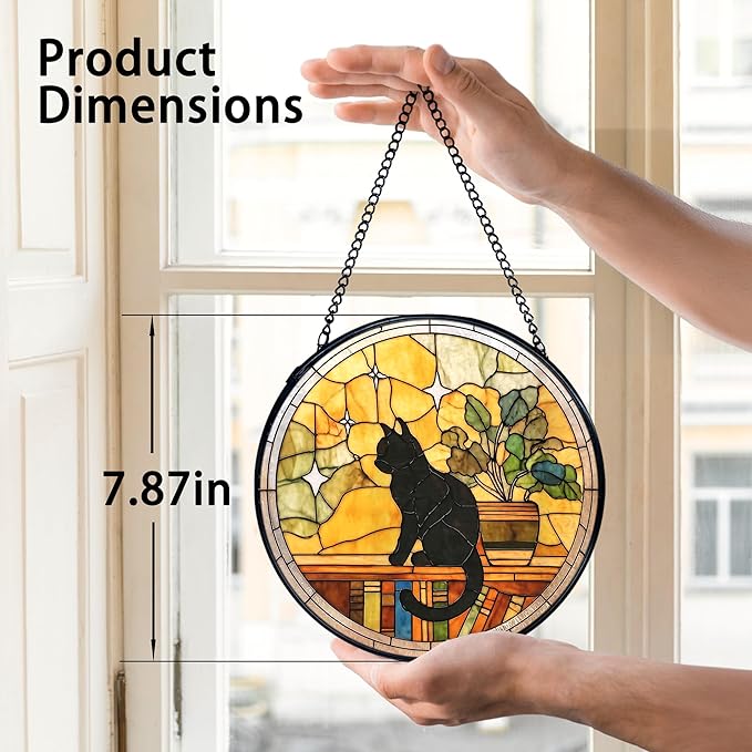 TNUW Black Cat Stained Glass Window Hanging, Black Cat Book Lovers Sun Catchers Indoor Window Glass Round Wall Art Decor, Book Lovers Gifts for Women Wall Hanging Decorations, 7.9＂x7.9＂