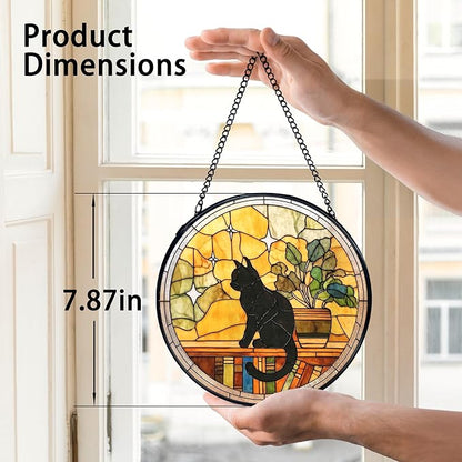 TNUW Black Cat Stained Glass Window Hanging, Black Cat Book Lovers Sun Catchers Indoor Window Glass Round Wall Art Decor, Book Lovers Gifts for Women Wall Hanging Decorations, 7.9＂x7.9＂