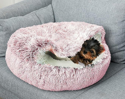 Dog Cave Bed for Small Dogs Cats Pets, Anti Anxiety Calming Plush Dog Beds, Fluffy Covered Hooded Cozy Burrow Puppy Beds, Anti-Slip Bottom Washable Pet Sleeping Bag (20" D, Pink)