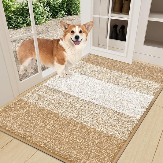 Smiry Dog Door Mat for Muddy Paws, Absorbs Moisture and Dirt, Low-Profile Entryway Mat with Non-Slip Backing, Entry Indoor Outdoor Doormat for Inside Floor (36x24 Inches, Beige, Striped)