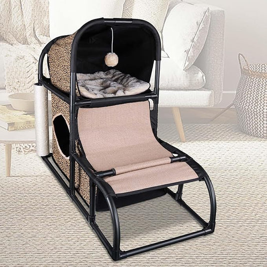 Goetland PVC Modern Cat Condo House Tree Medium Tower Bed Scratching Post Climber With Peek Hole and Dangling Ball for Kitty Indoors Leopard