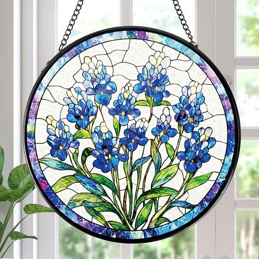 Stained Glass Window Hanging, Forget-Me-Not Sun Catcher Gift for Housewarming, Forget Me Not Suncatchers Gifts for Plant Lover Friends Home Decor 8 Inch