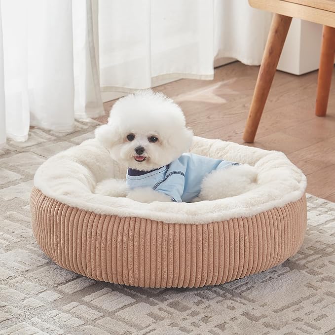23 inches Donut Dog Bed for Small Dogs - Calming Round Puppy Bed with Removable &Washable Cover, Plush Faux Fur & Corduroy Pet Bed for Cats, Fits Pets up to 15 lbs(Brown,Small)