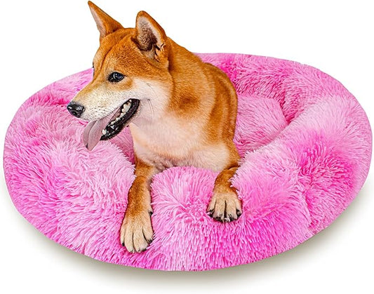 Calming Dog Bed for Medium Dogs Cats, Puppy 31'' Round Anti-Anxiety Warm Fluffy Plush Faux Fur Bed, Soft Anti-Slip Donut Washable, Cozy Medium Puppy Bed, Fits up to 50 lbs Pets