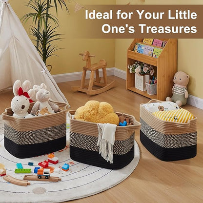 Storage Basket for Organizing, Woven Baskets for Storage, Rectangle Decorative Baskets for Shleves, Closet, Toys, Books, Nursery Organizer Bins - Pack of 3 (Black & Brown, 15.75"x11.8"x9.85")