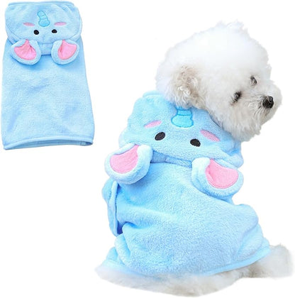Dog Bathrobe with Hood Super Absorbent Soft Quick Drying Towel Wrap Adjustable Puppy Cat Bath Robe Towel for Cold Weather Beach Pool (Blue Elephant, Medium)