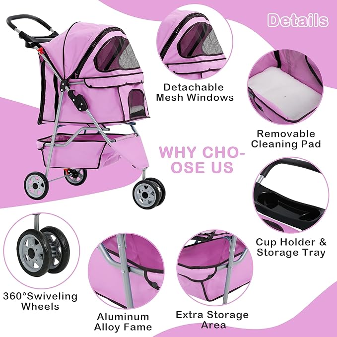 3 Wheels Dog Stroller, Foldable Pet Stroller for Small Medium Dogs, Portable Breathable Cat Stroller Dog Strollers with Storage Basket, Cup Holders, Removable Liner for Travel & Outdoor Use, Pink