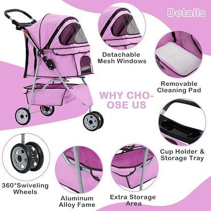 3 Wheels Dog Stroller, Foldable Pet Stroller for Small Medium Dogs, Portable Breathable Cat Stroller Dog Strollers with Storage Basket, Cup Holders, Removable Liner for Travel & Outdoor Use, Pink